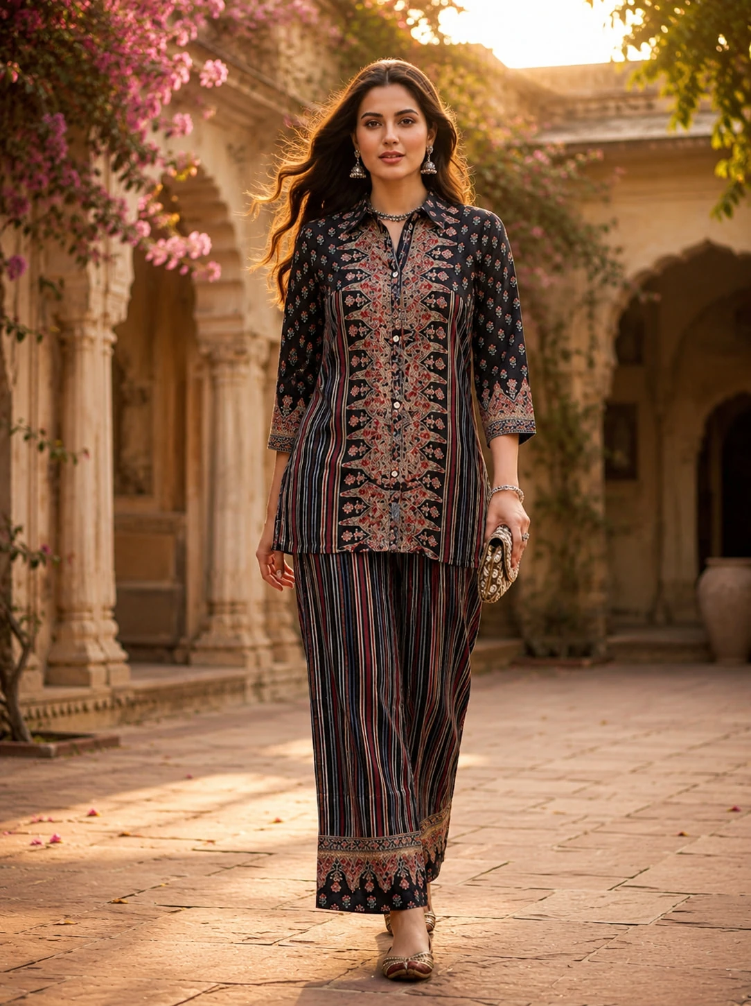 Black Printed Natural Crepe Kurta Pant Set with Embroidered Yoke
