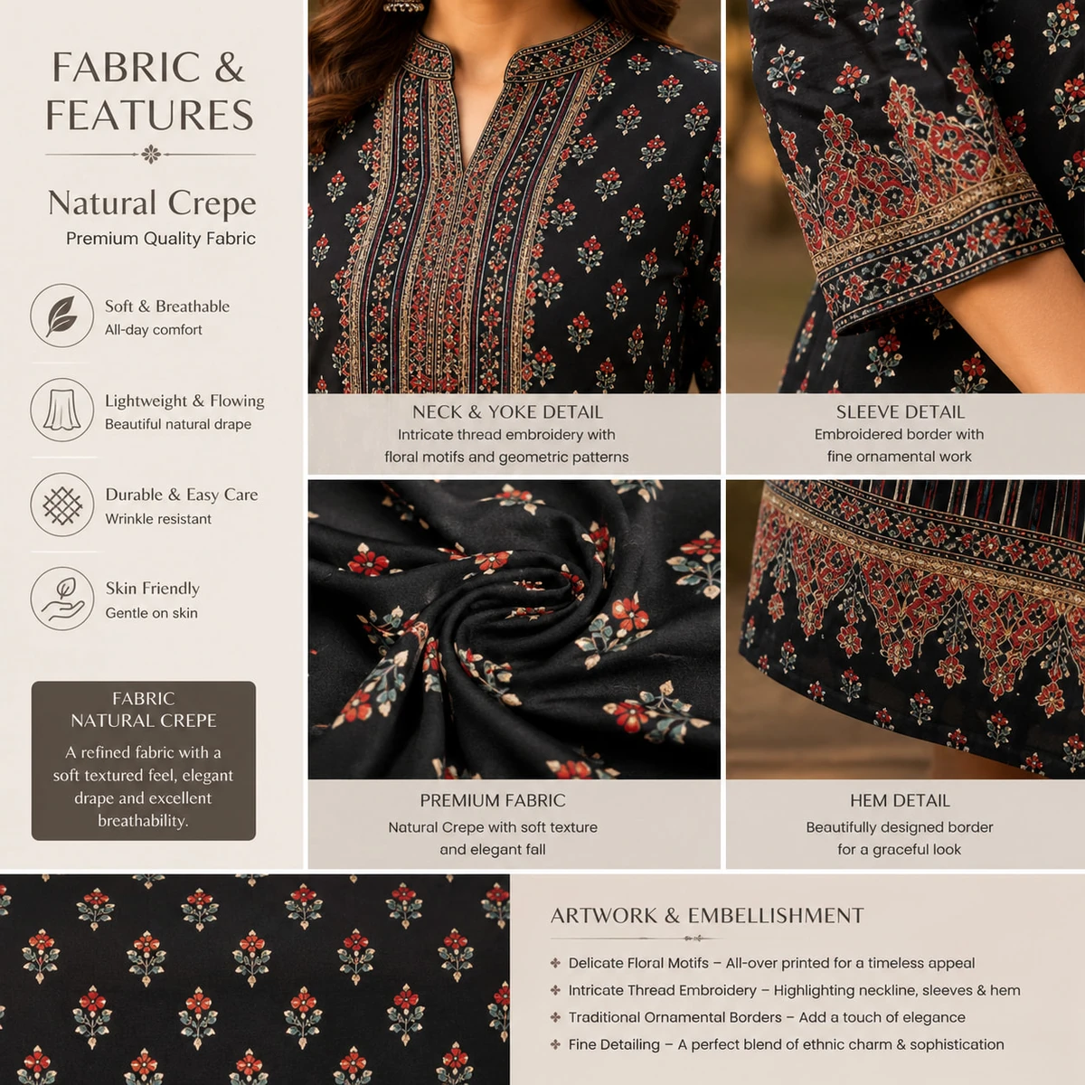 Black Printed Natural Crepe Kurta Pant Set with Embroidered Yoke — view 2