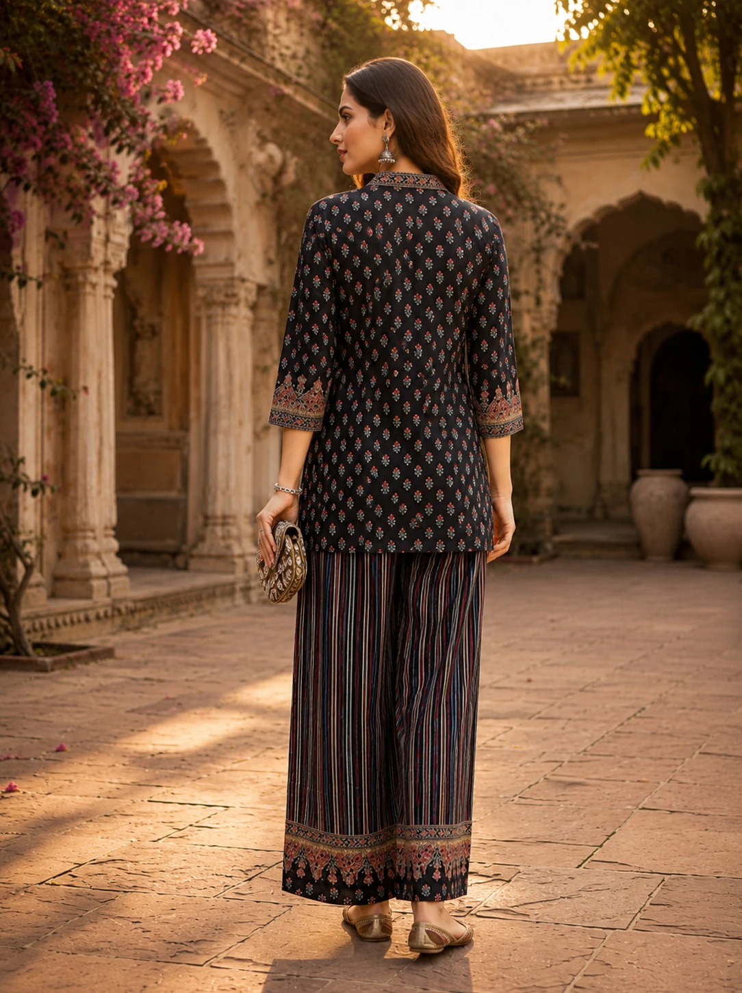 Black Printed Natural Crepe Kurta Pant Set with Embroidered Yoke — view 3