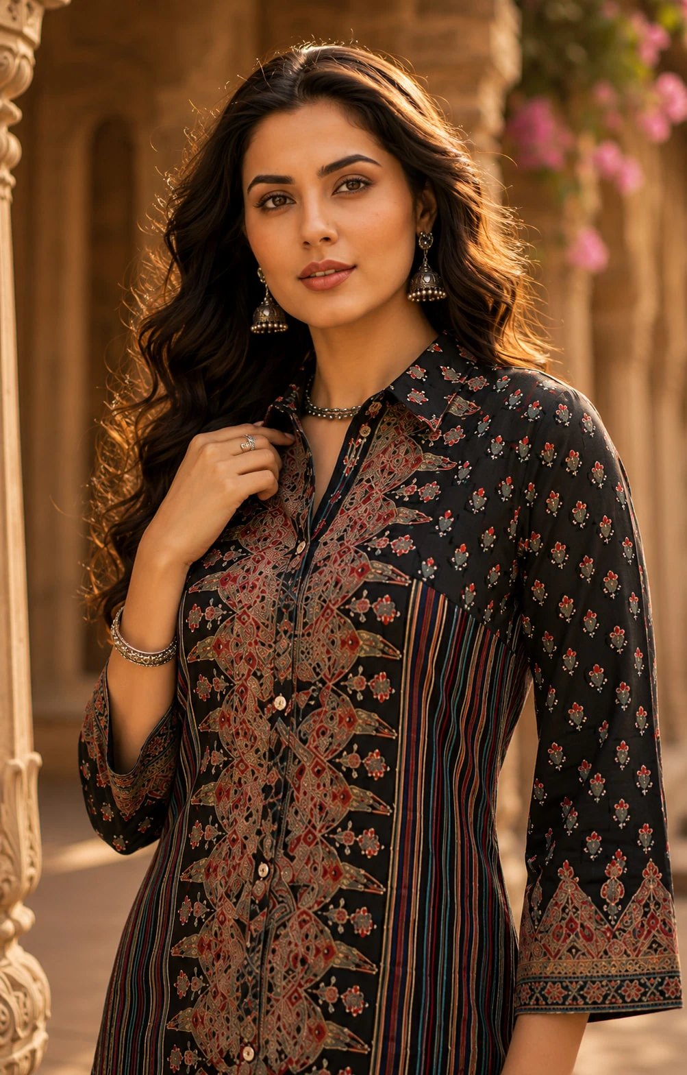 Black Printed Natural Crepe Kurta Pant Set with Embroidered Yoke — view 4