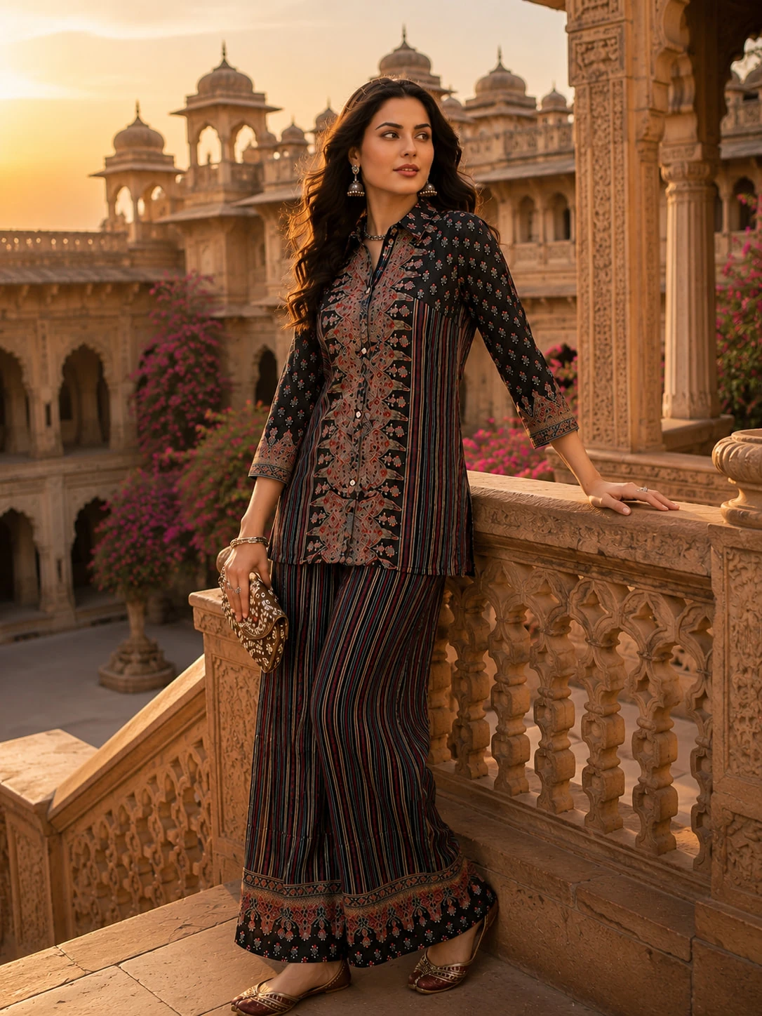 Black Printed Natural Crepe Kurta Pant Set with Embroidered Yoke — view 5