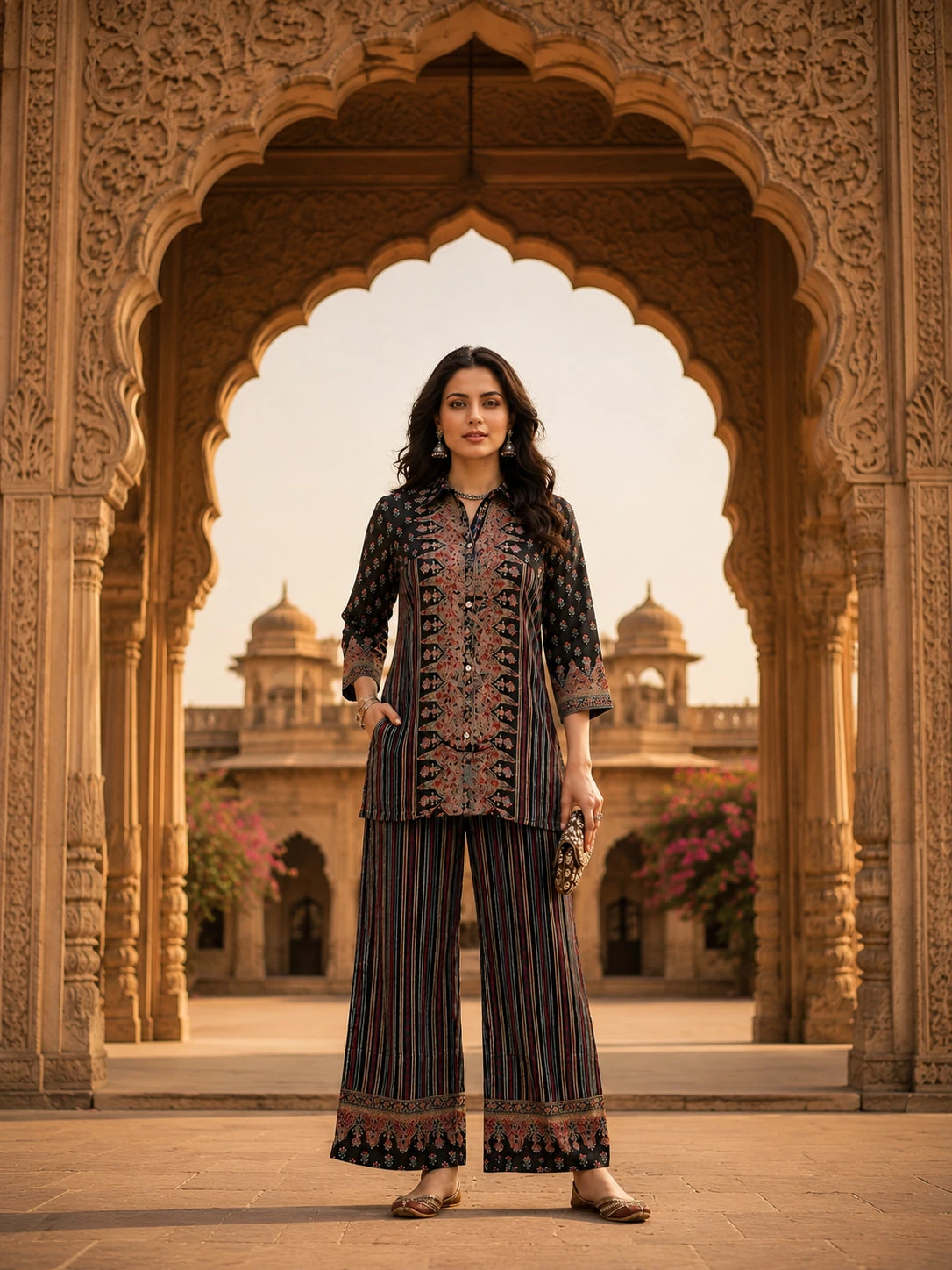 Black Printed Natural Crepe Kurta Pant Set with Embroidered Yoke — view 6