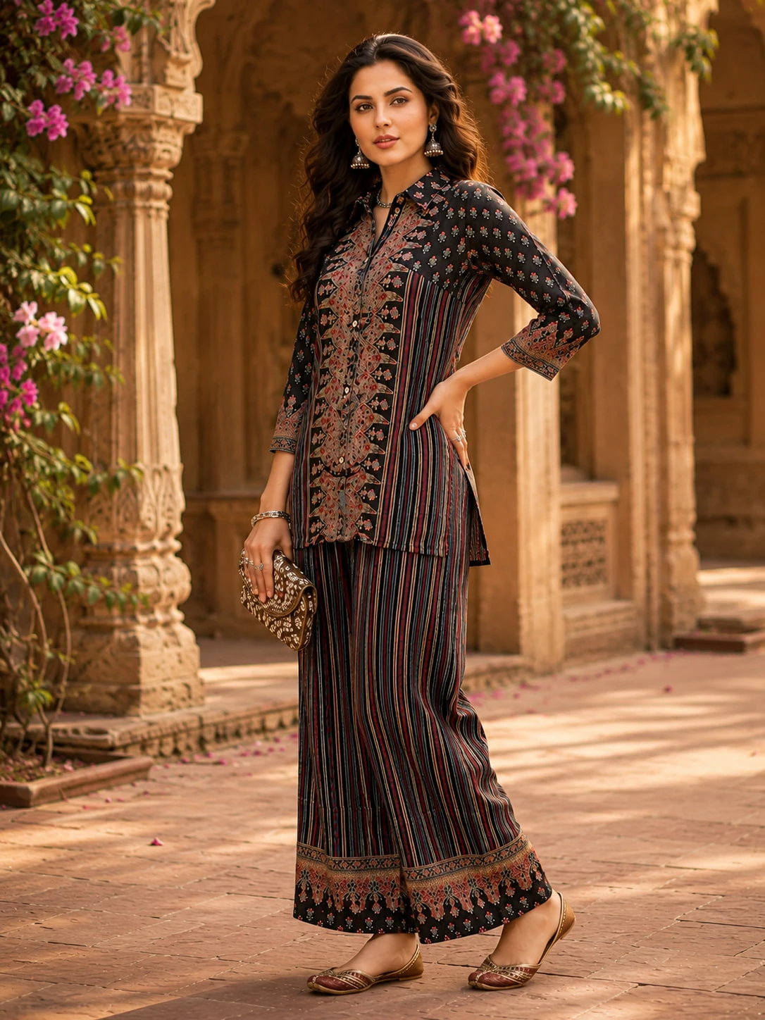 Black Printed Natural Crepe Kurta Pant Set with Embroidered Yoke — view 7