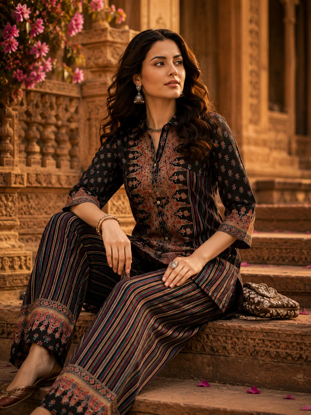 Black Printed Natural Crepe Kurta Pant Set with Embroidered Yoke — view 8