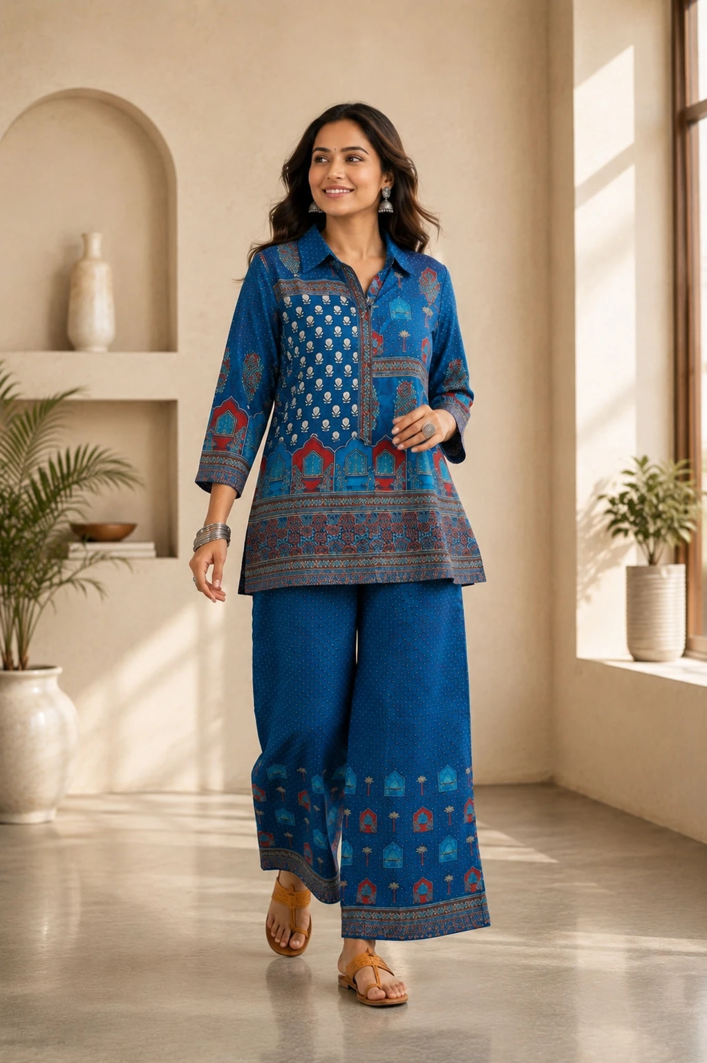 Royal Blue Natural Crepe Printed Kurta Palazzo Set
