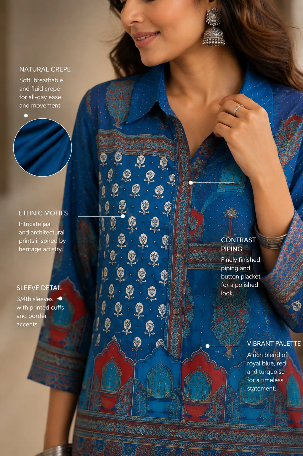Royal Blue Natural Crepe Printed Kurta Palazzo Set — view 2