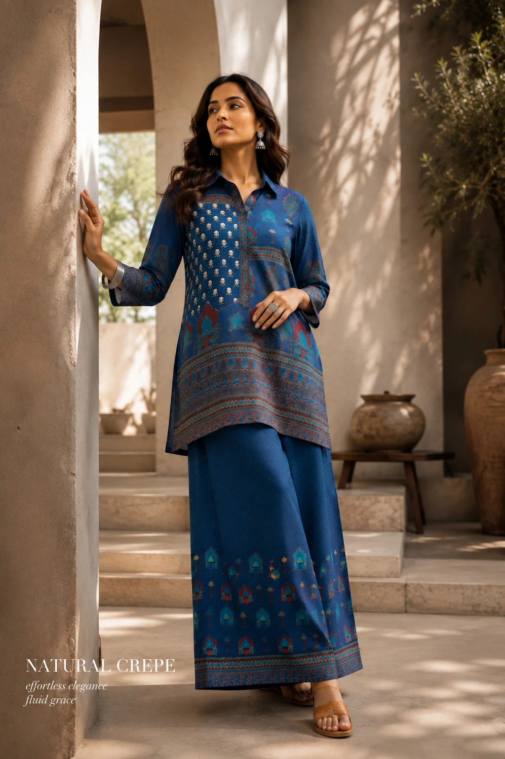 Royal Blue Natural Crepe Printed Kurta Palazzo Set — view 3