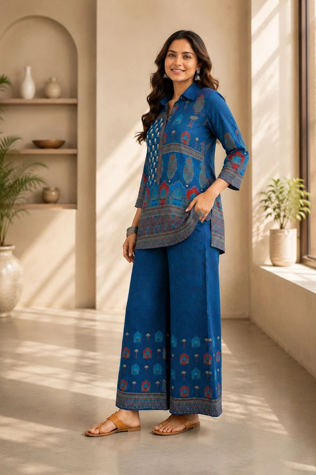 Royal Blue Natural Crepe Printed Kurta Palazzo Set — view 5