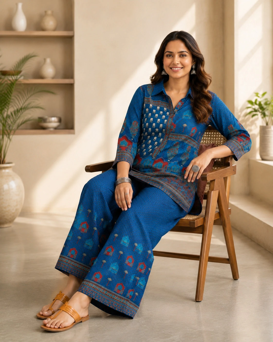 Royal Blue Natural Crepe Printed Kurta Palazzo Set — view 6