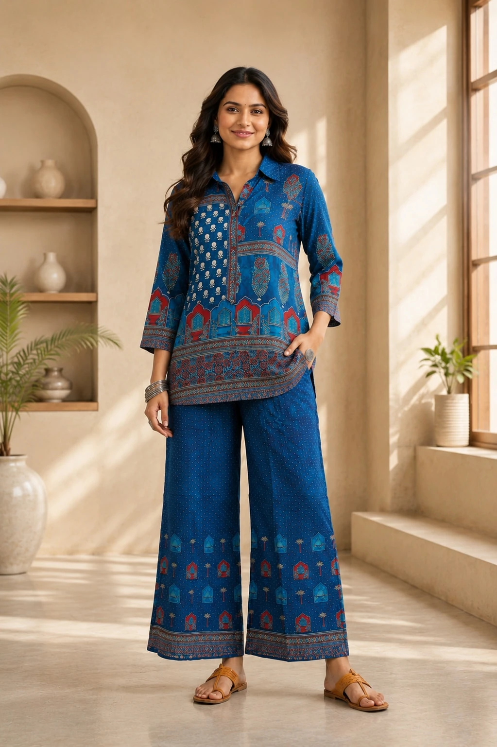 Royal Blue Natural Crepe Printed Kurta Palazzo Set — view 7