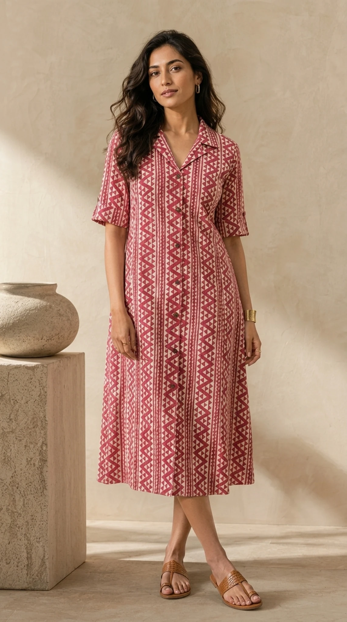 Red & White Pure Cotton Printed Shirt Collar Dress