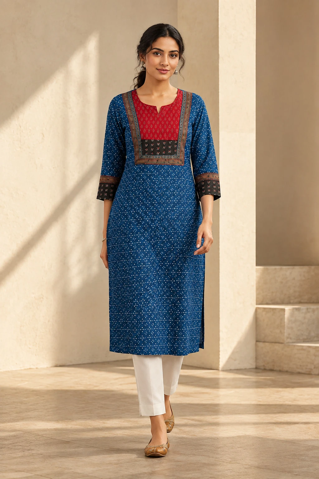 Blue Pure Cotton Printed Kurti with Contrast Yoke