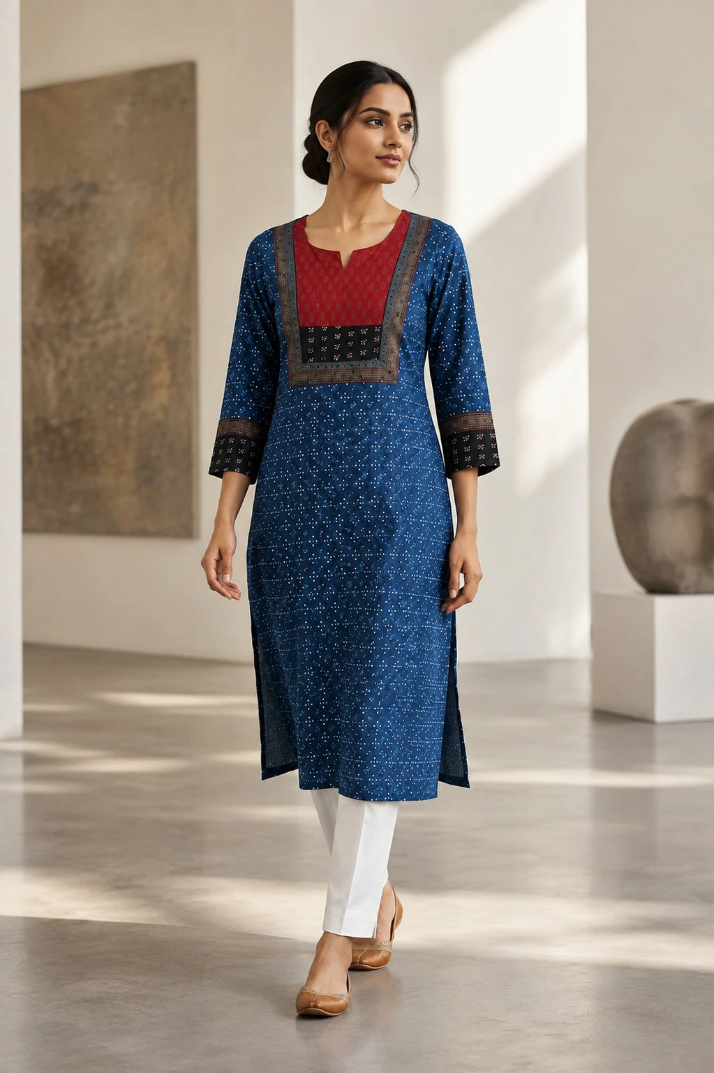 Blue Pure Cotton Printed Kurti with Contrast Yoke — view 2