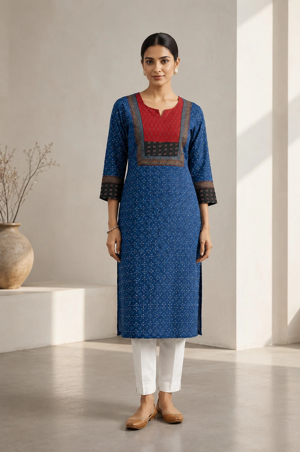 Blue Pure Cotton Printed Kurti with Contrast Yoke — view 3