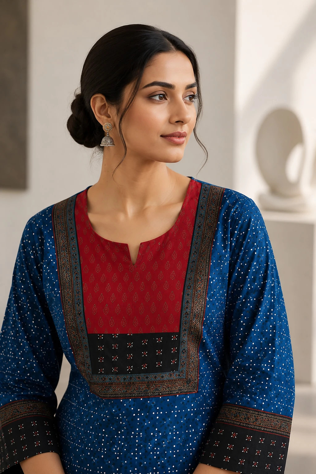 Blue Pure Cotton Printed Kurti with Contrast Yoke — view 5