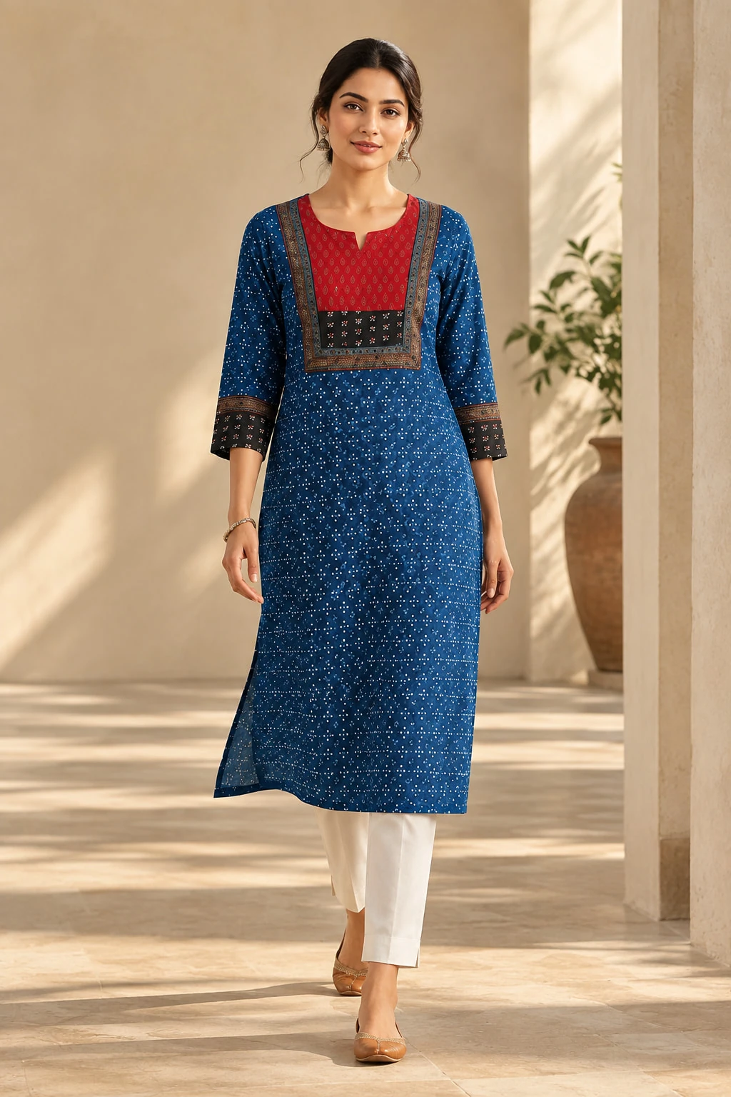Blue Pure Cotton Printed Kurti with Contrast Yoke — view 6
