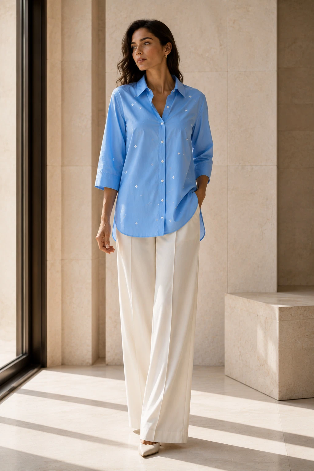 Light Blue Pure Cotton Embroidered Shirt