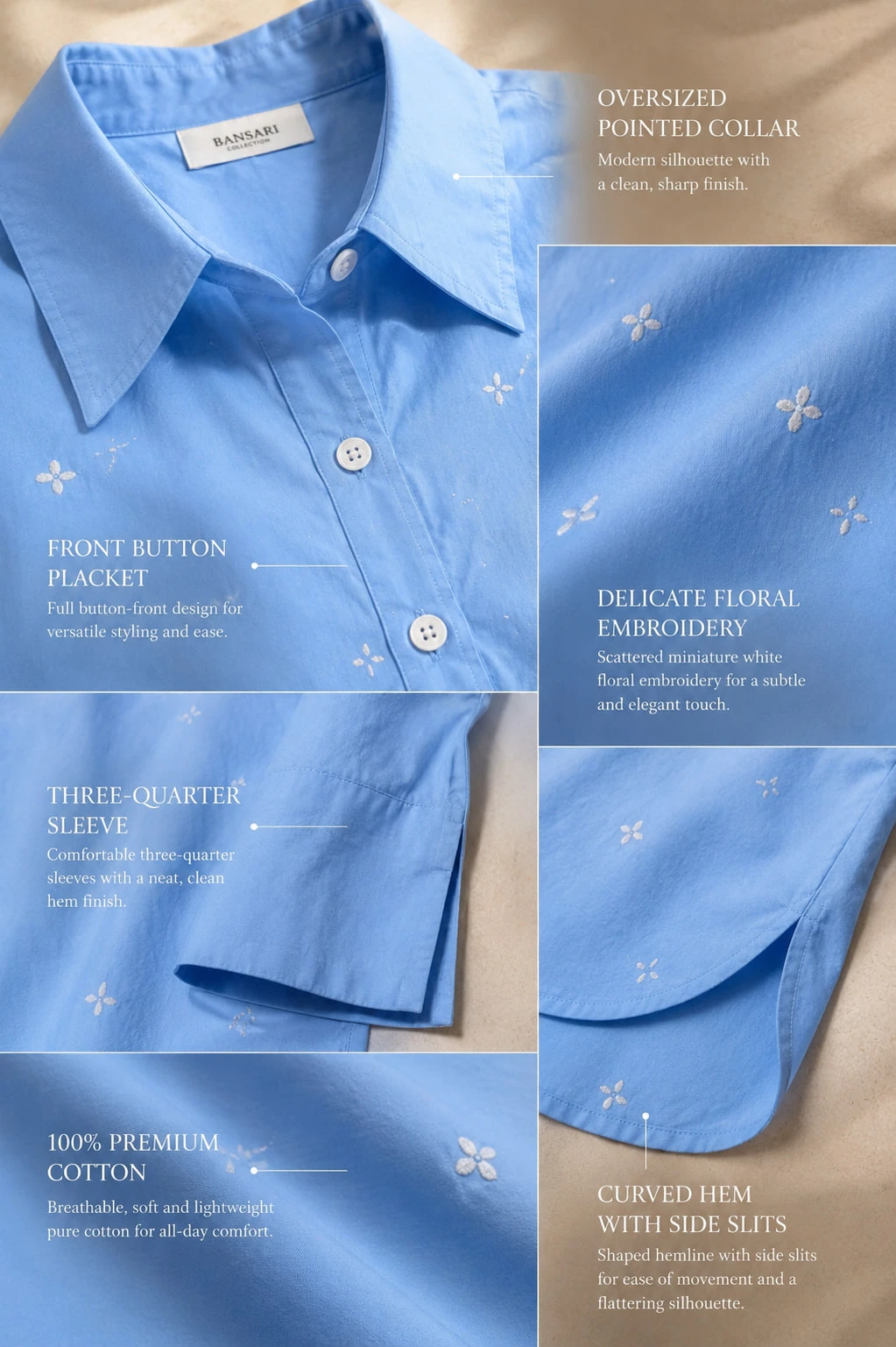 Light Blue Pure Cotton Embroidered Shirt — view 8