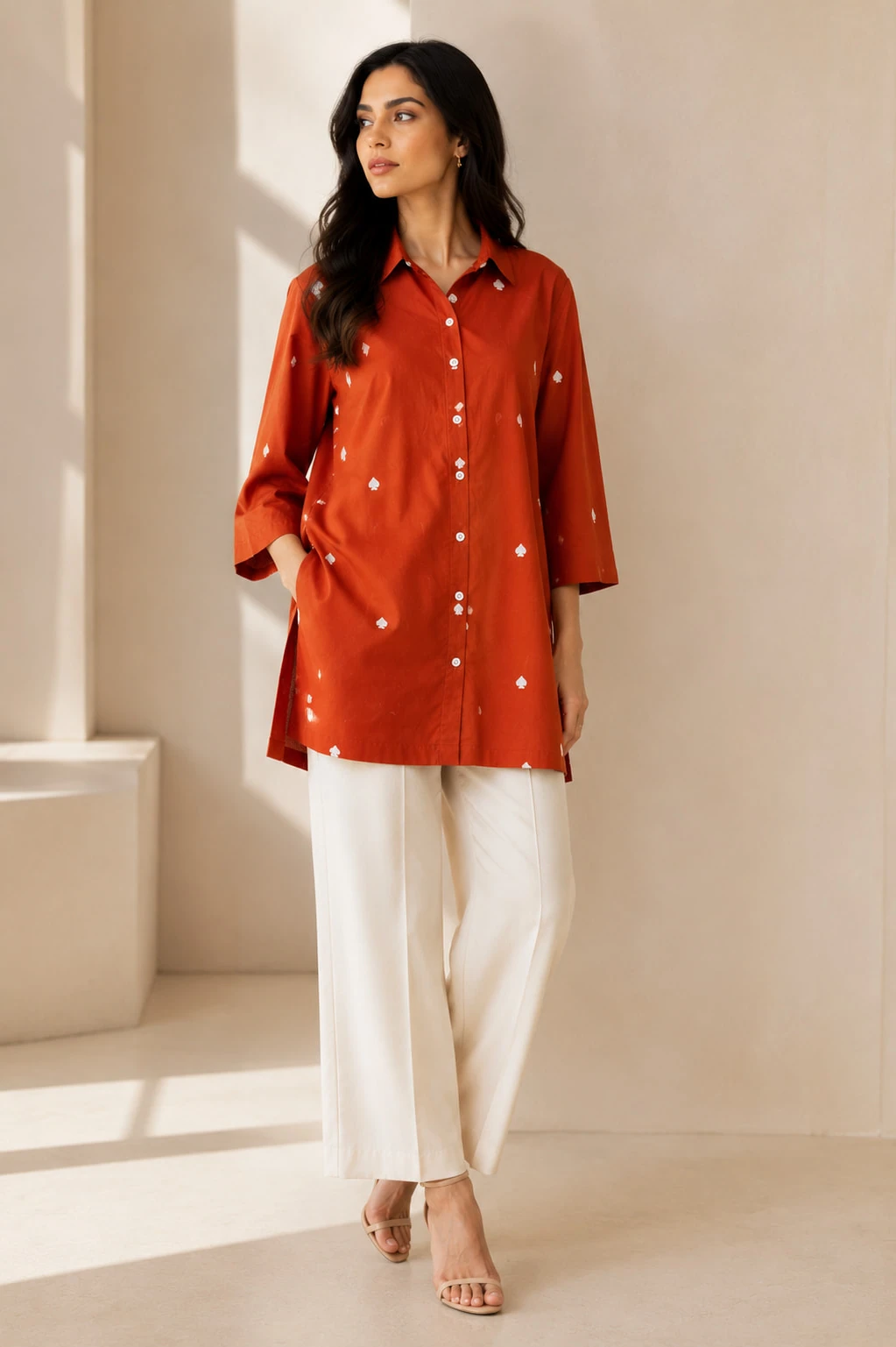 Rust Orange Jaipuri Cotton Shirt with White Buta Embroidery