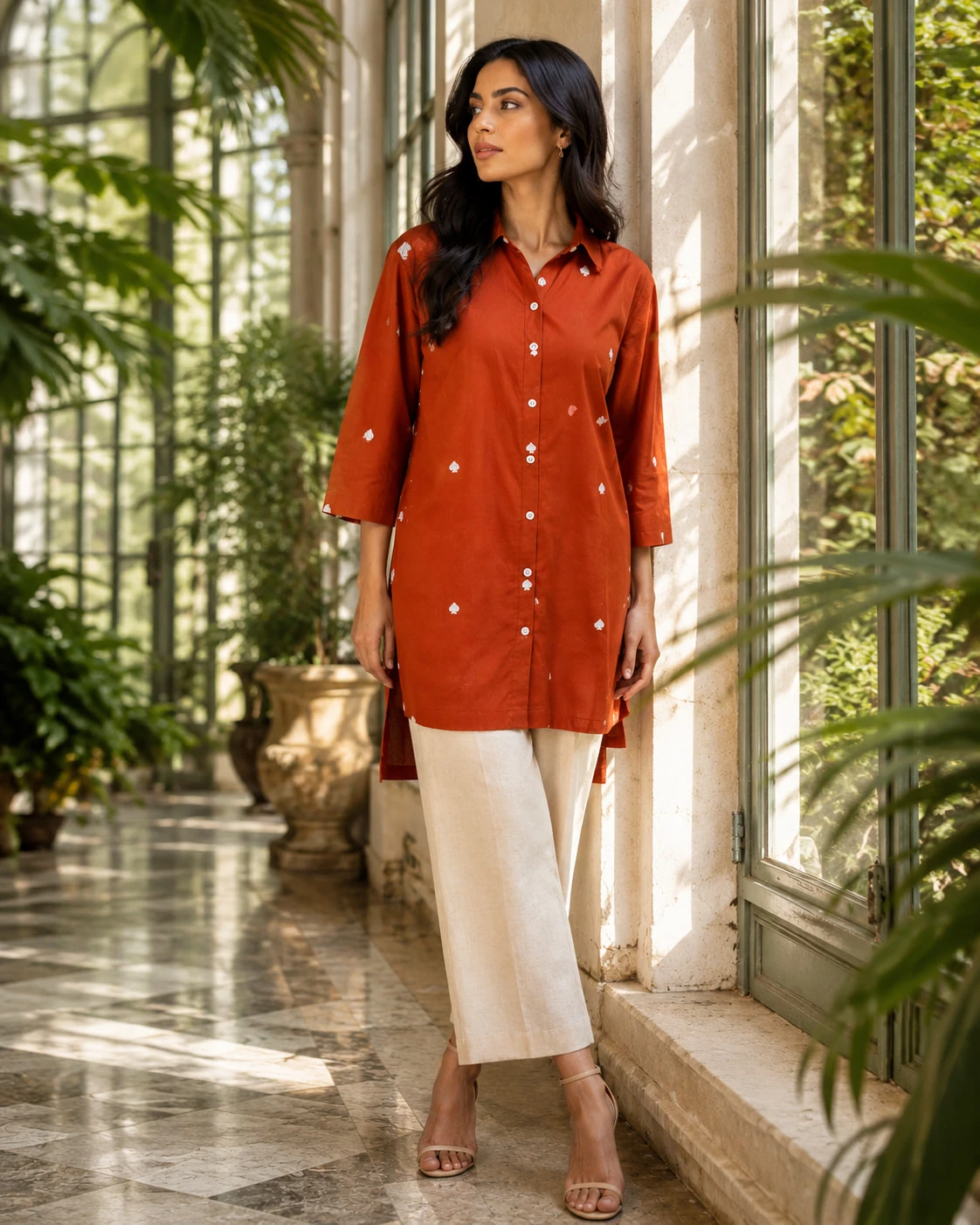 Rust Orange Jaipuri Cotton Shirt with White Buta Embroidery — view 3