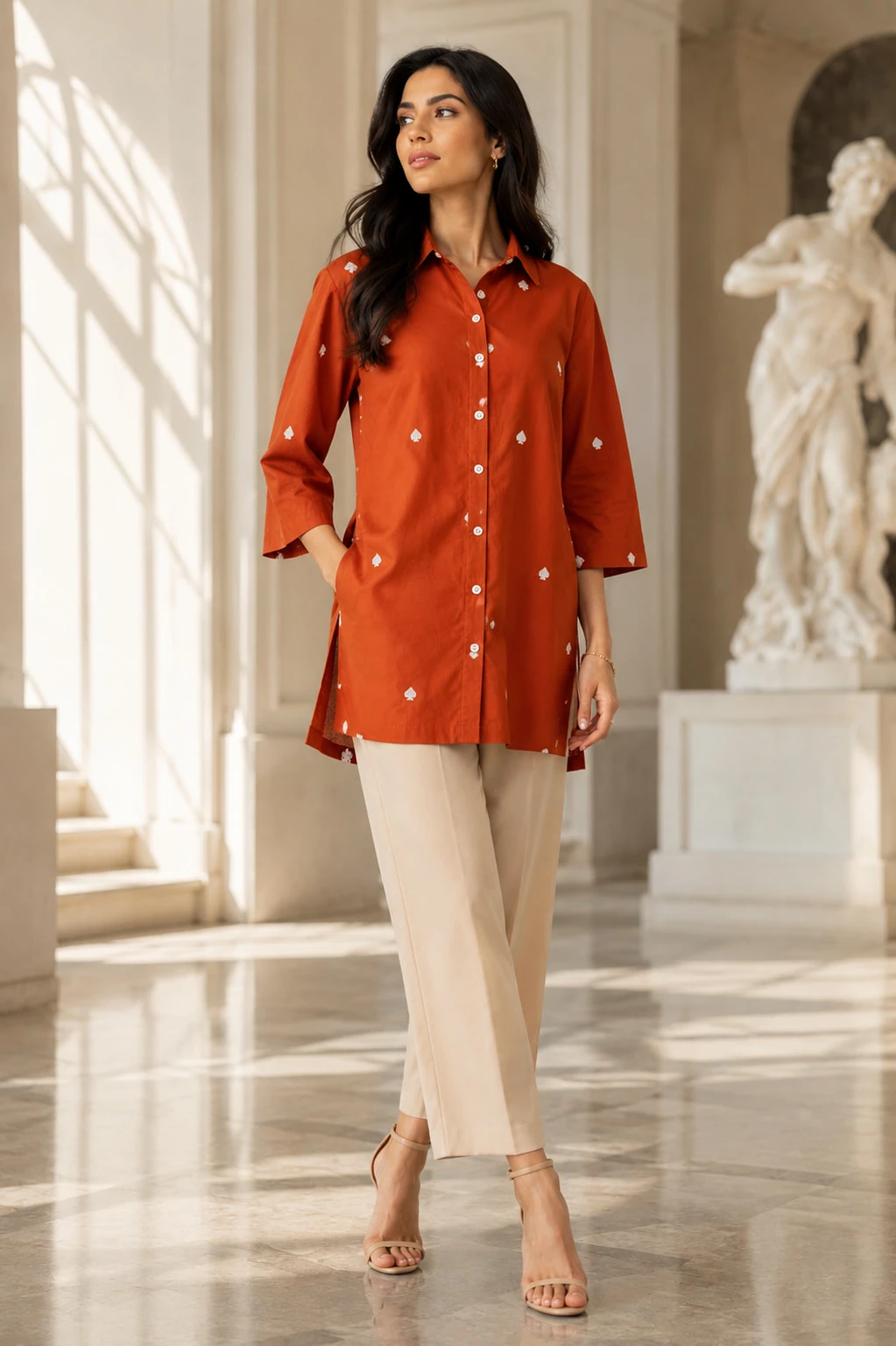 Rust Orange Jaipuri Cotton Shirt with White Buta Embroidery — view 4