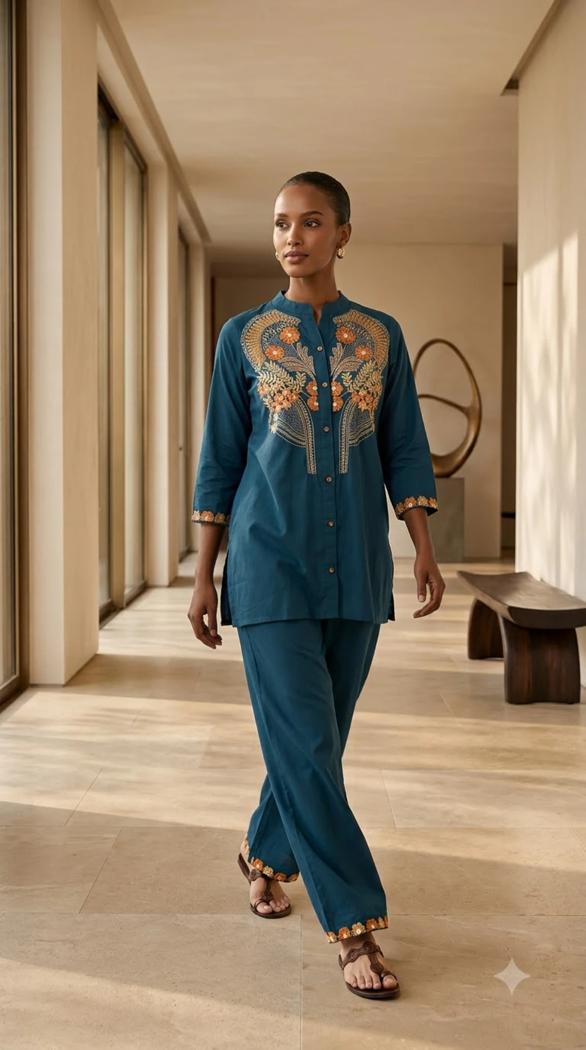 Teal Blue Pure Cotton Floral Embroidered Kurta Set