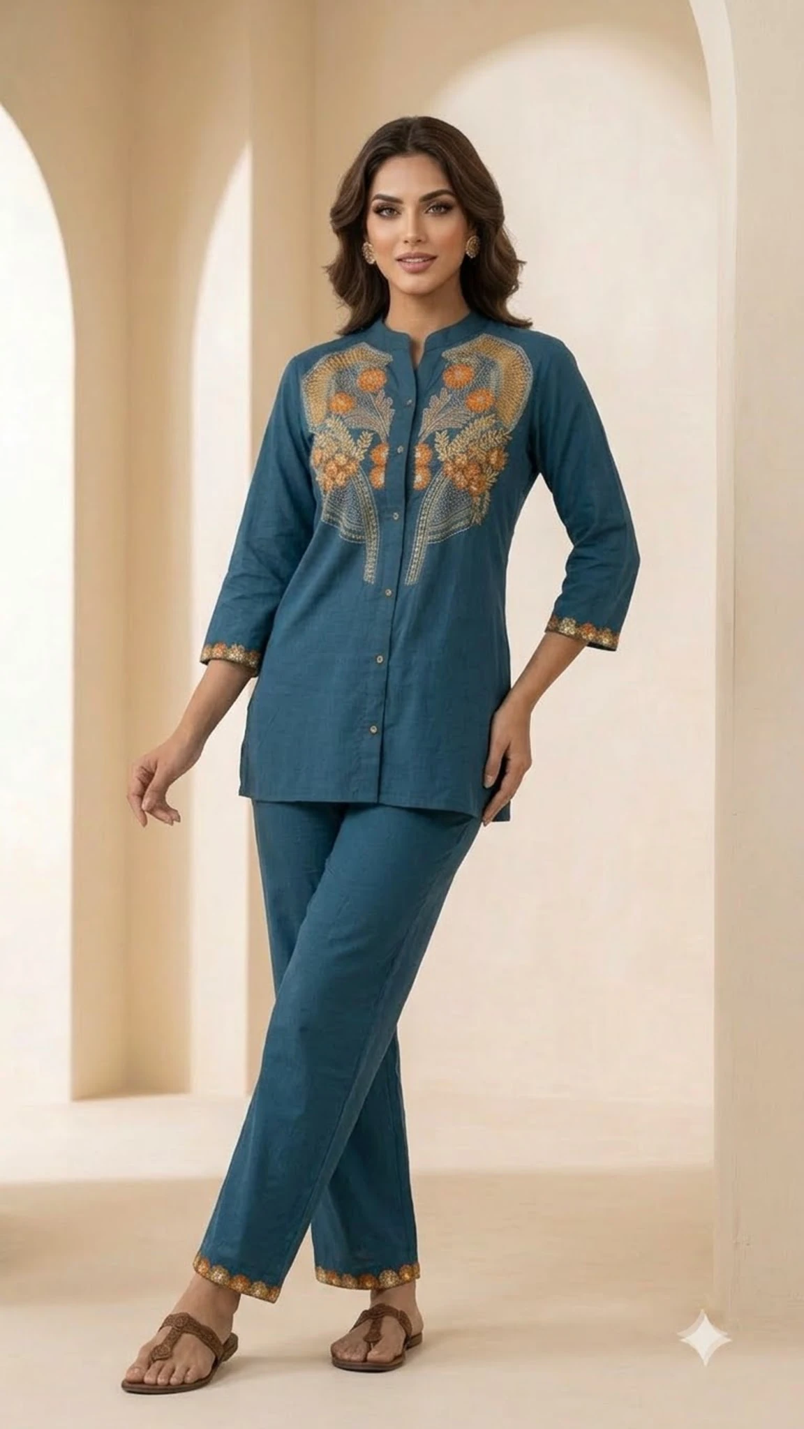 Teal Blue Pure Cotton Floral Embroidered Kurta Set — view 2