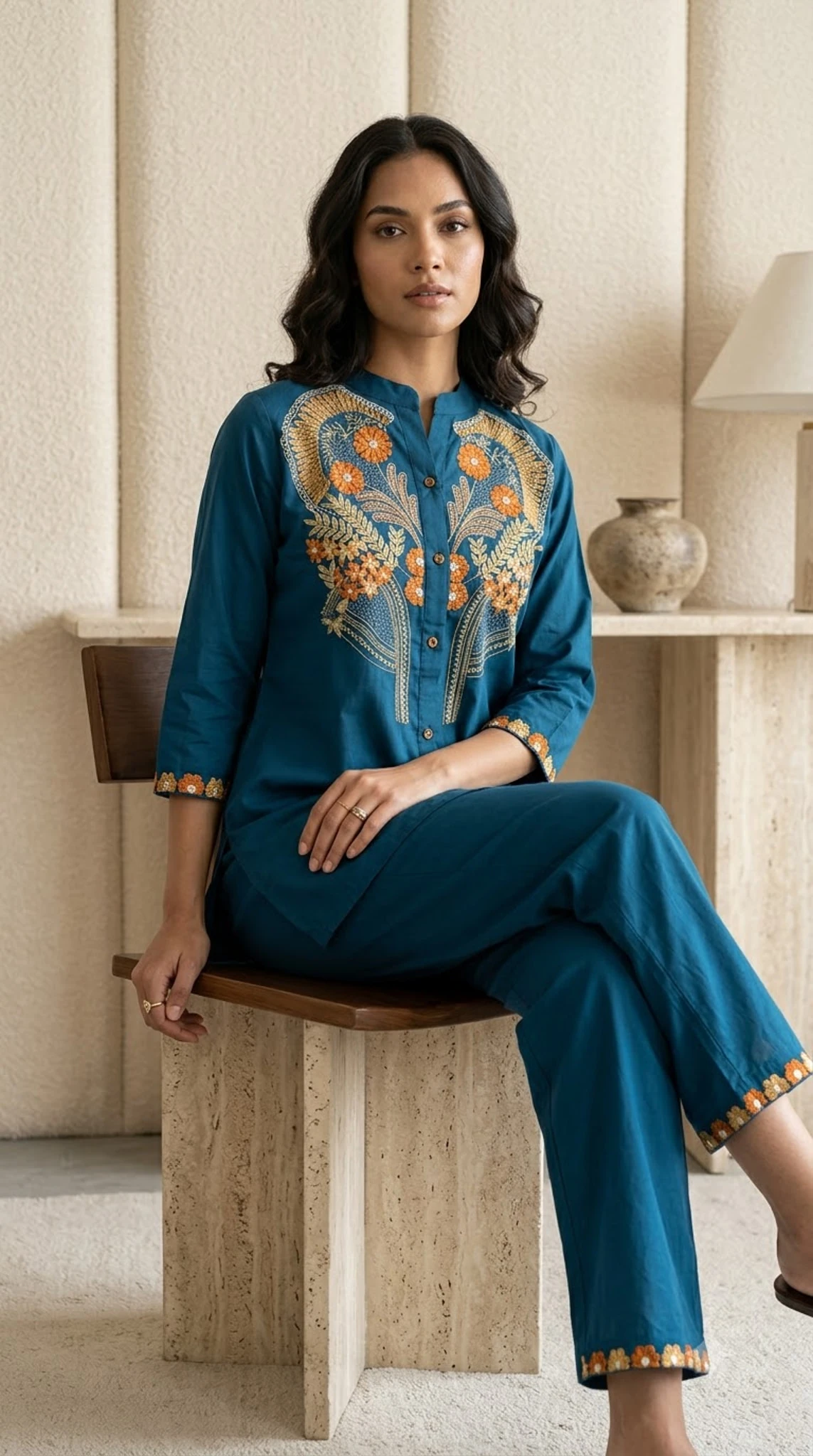 Teal Blue Pure Cotton Floral Embroidered Kurta Set — view 3