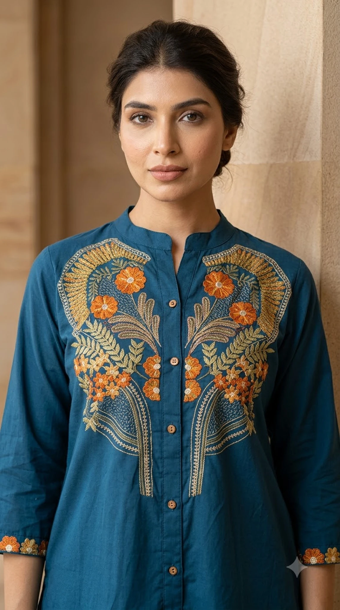 Teal Blue Pure Cotton Floral Embroidered Kurta Set — view 4