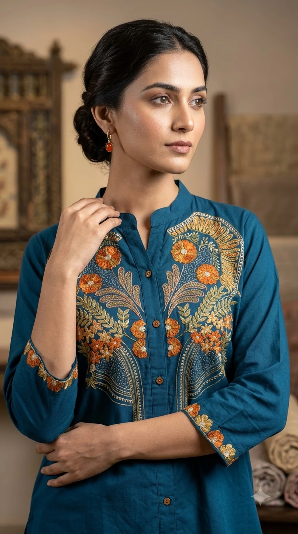 Teal Blue Pure Cotton Floral Embroidered Kurta Set — view 5