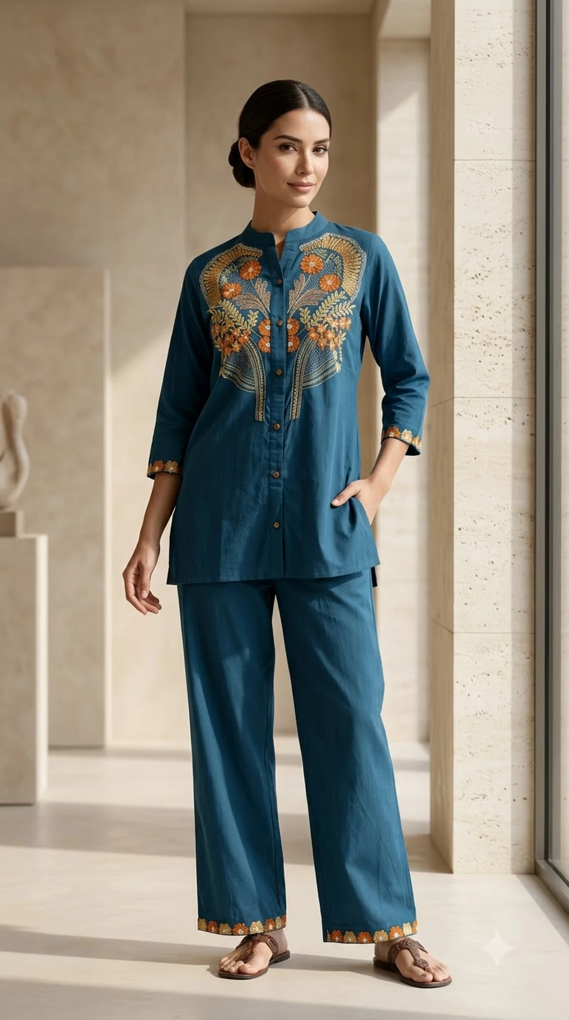 Teal Blue Pure Cotton Floral Embroidered Kurta Set — view 6