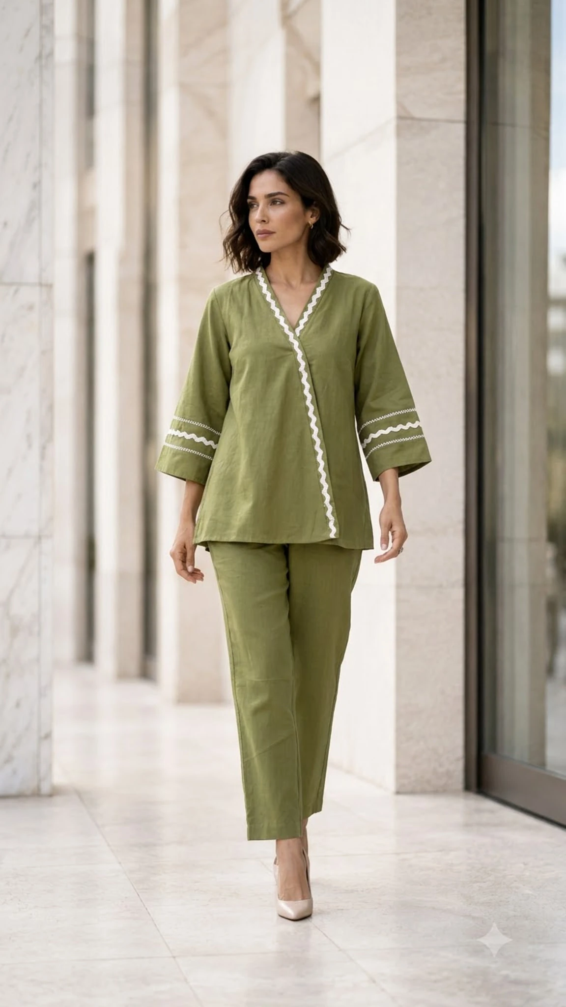 Olive Green Pure Cotton Embroidered Co-Ord Set