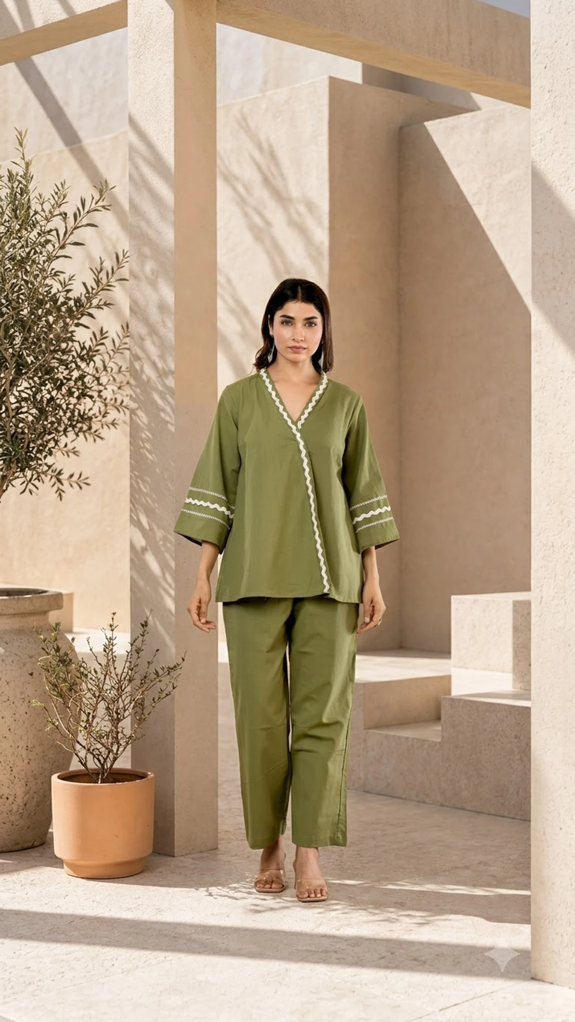 Olive Green Pure Cotton Embroidered Co-Ord Set — view 2