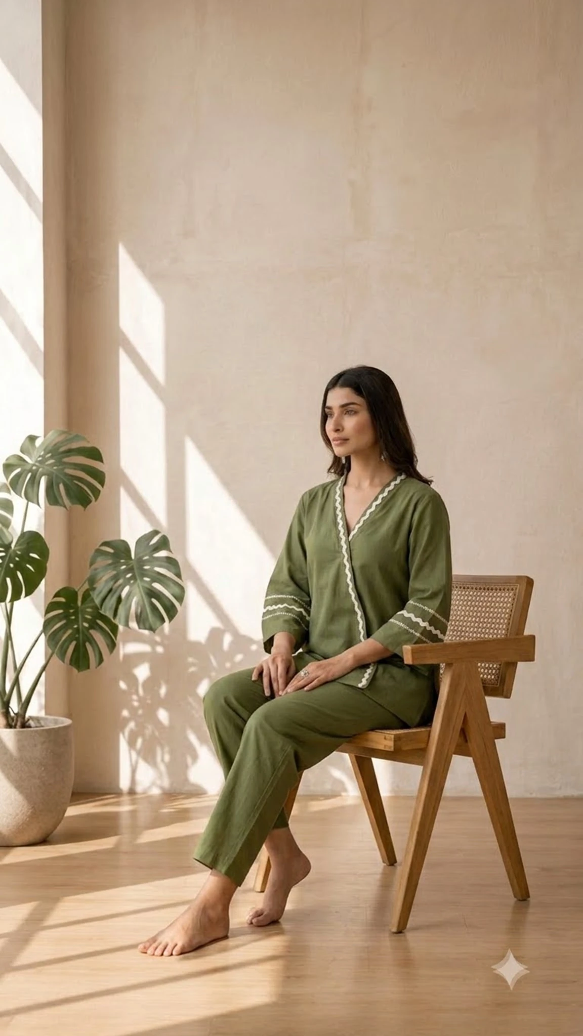 Olive Green Pure Cotton Embroidered Co-Ord Set — view 3
