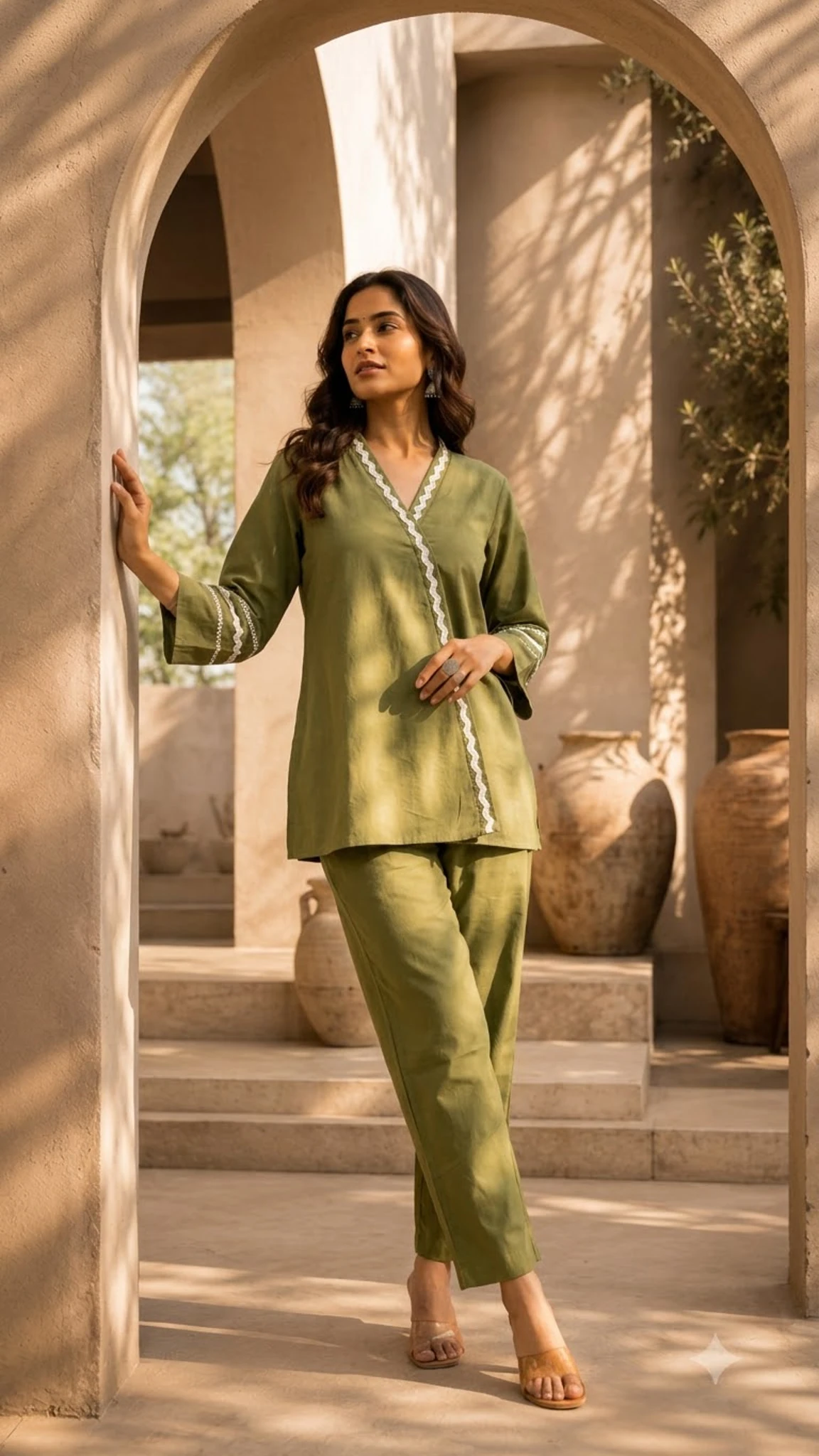 Olive Green Pure Cotton Embroidered Co-Ord Set — view 4