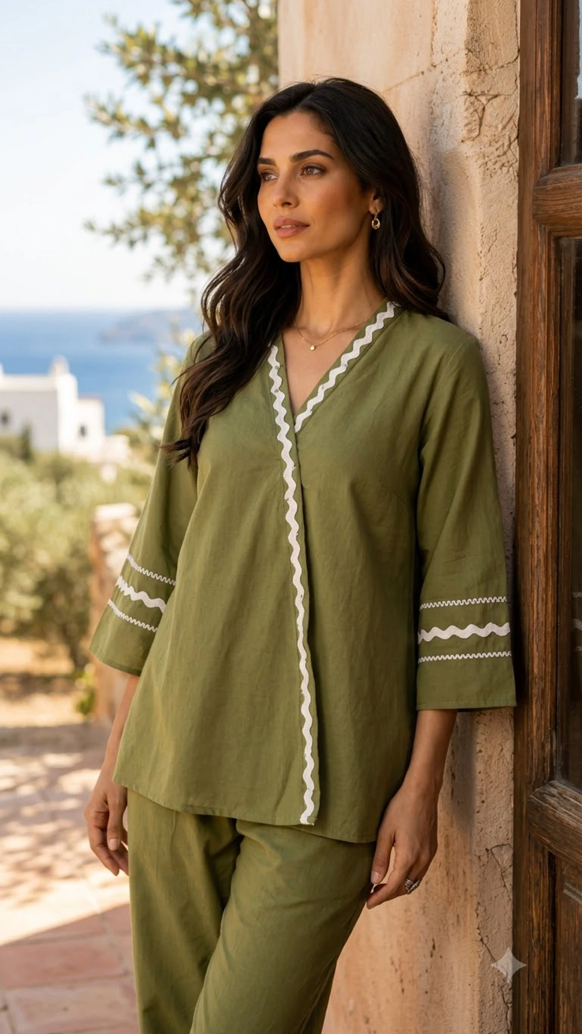 Olive Green Pure Cotton Embroidered Co-Ord Set — view 5