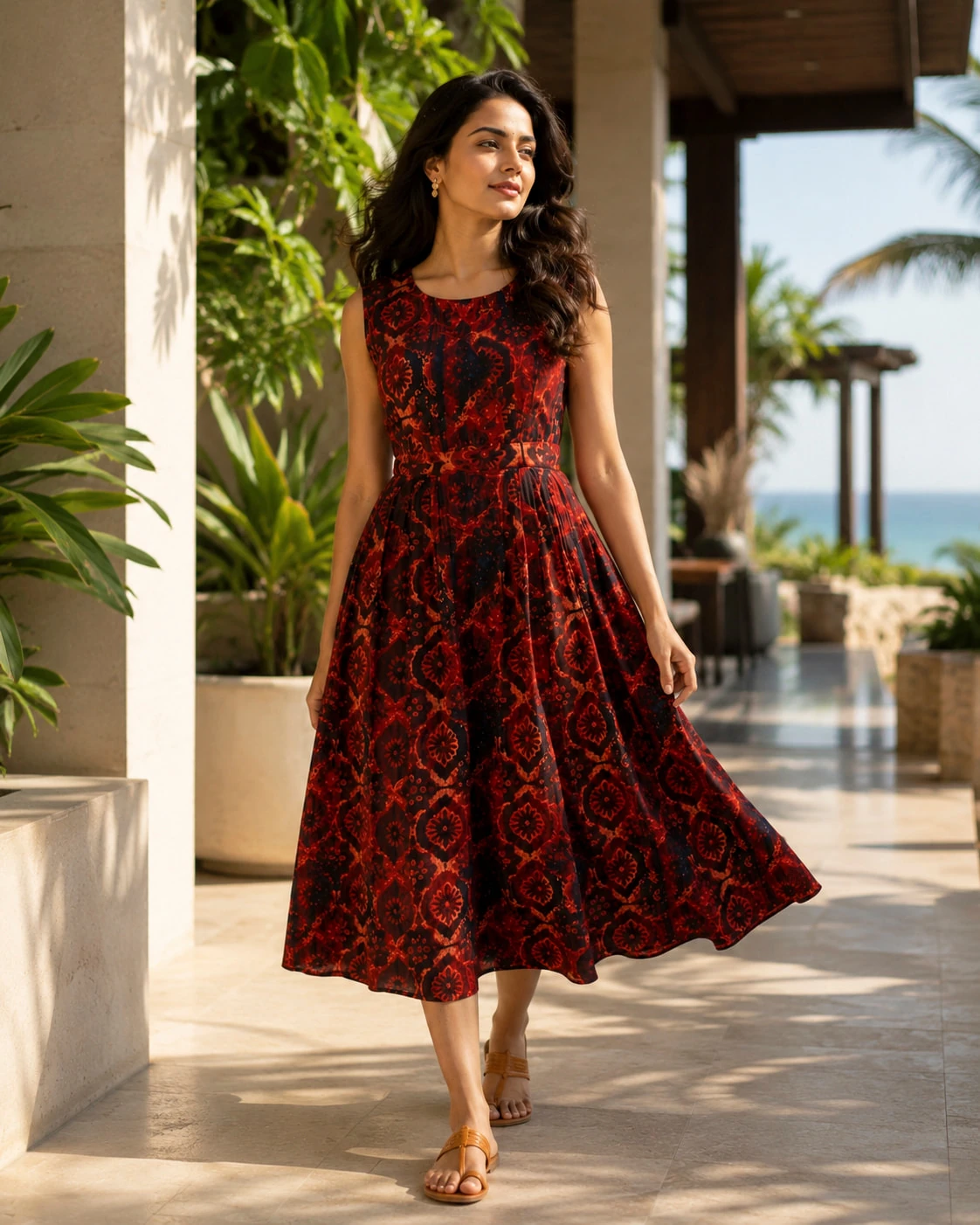 Rust Red & Navy Pure Cotton Printed Pleated Midi Dress