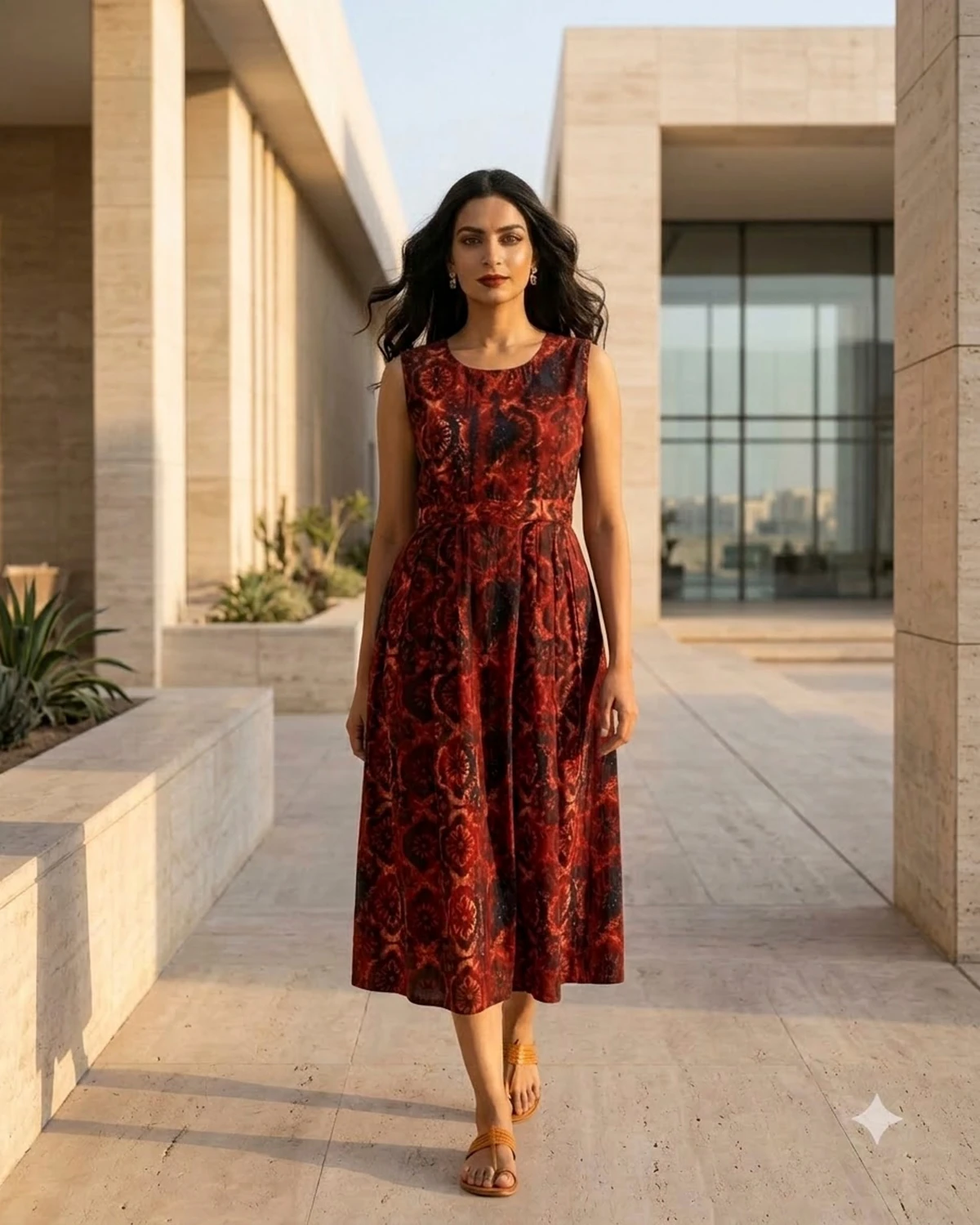 Bansari Women's Rust Red & Navy Pure Cotton Printed Pleated Midi Dress
