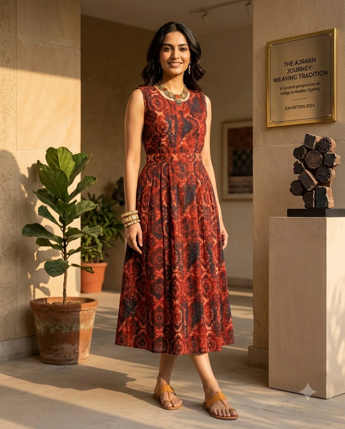 Bansari Women's Rust Red & Navy Pure Cotton Printed Pleated Midi Dress