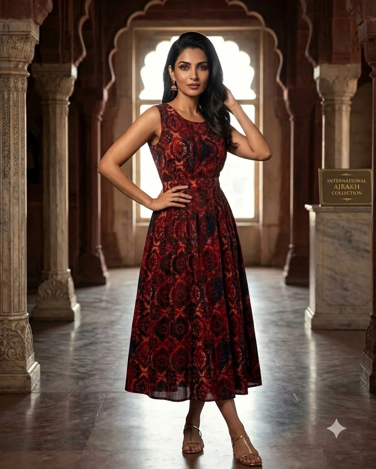 Bansari Women's Rust Red & Navy Pure Cotton Printed Pleated Midi Dress
