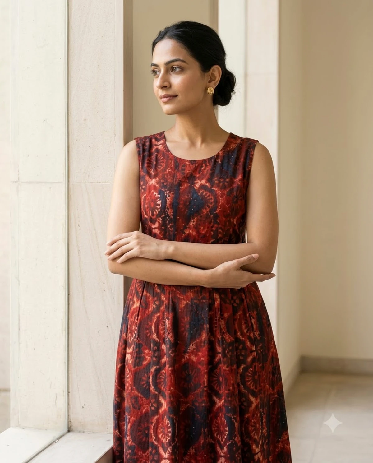 Bansari Women's Rust Red & Navy Pure Cotton Printed Pleated Midi Dress