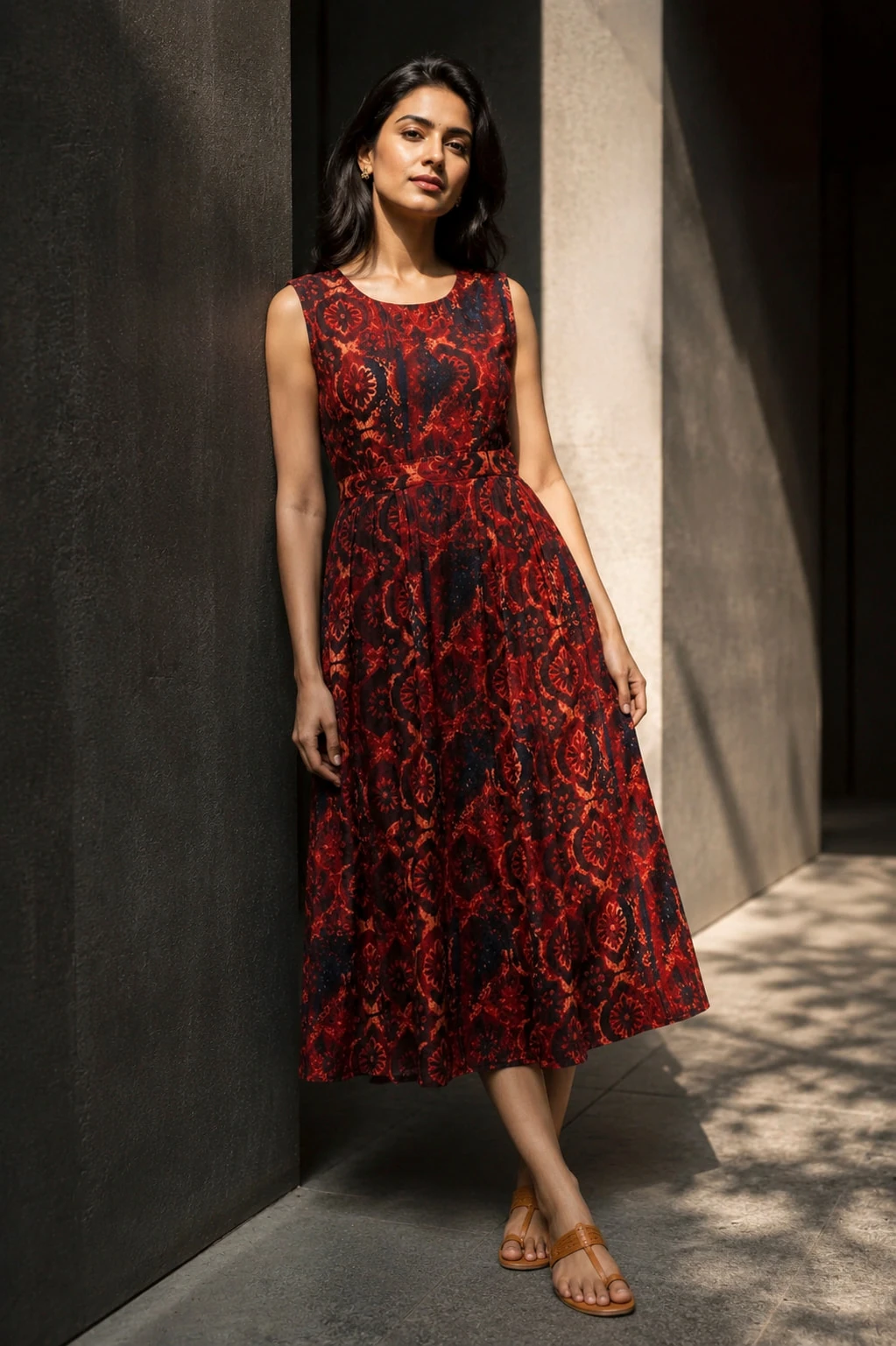 Bansari Women's Rust Red & Navy Pure Cotton Printed Pleated Midi Dress