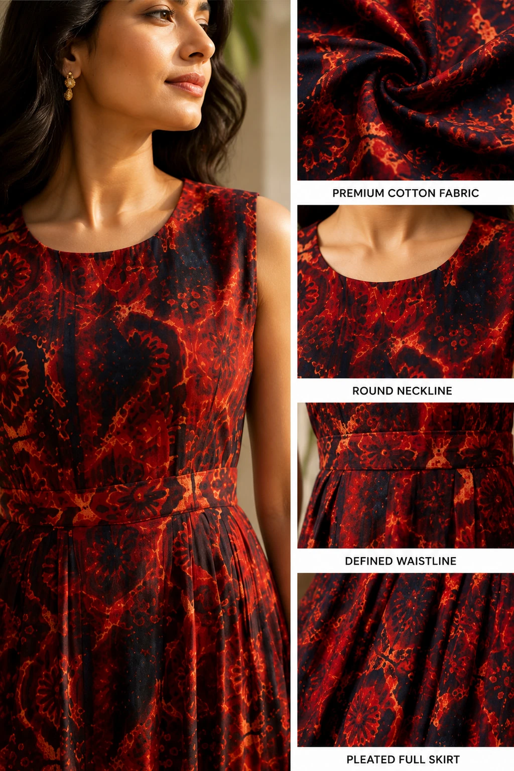 Bansari Women's Rust Red & Navy Pure Cotton Printed Pleated Midi Dress