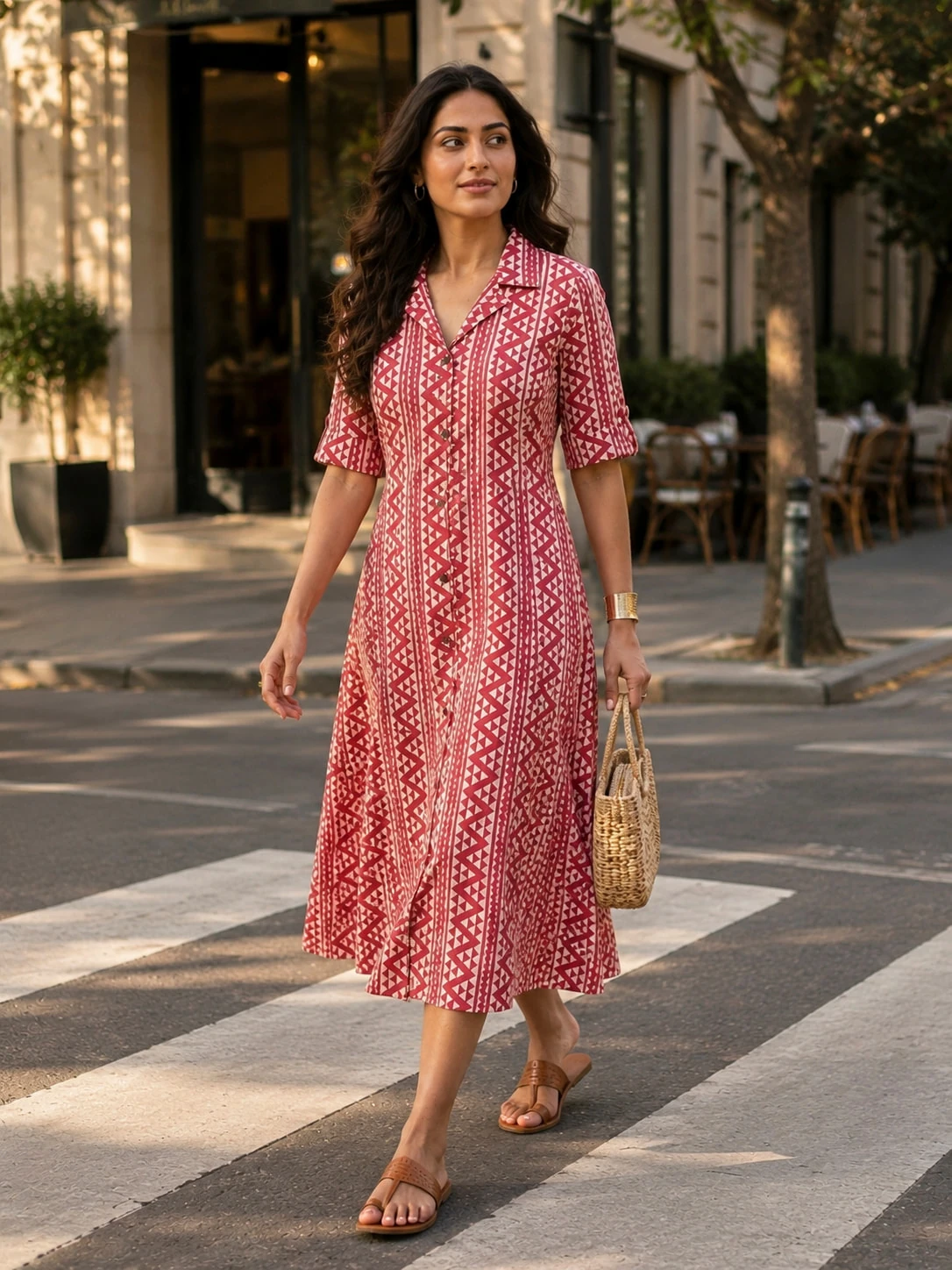 Bansari Women's rED & White Pure Cotton Printed Shirt Collar Dress