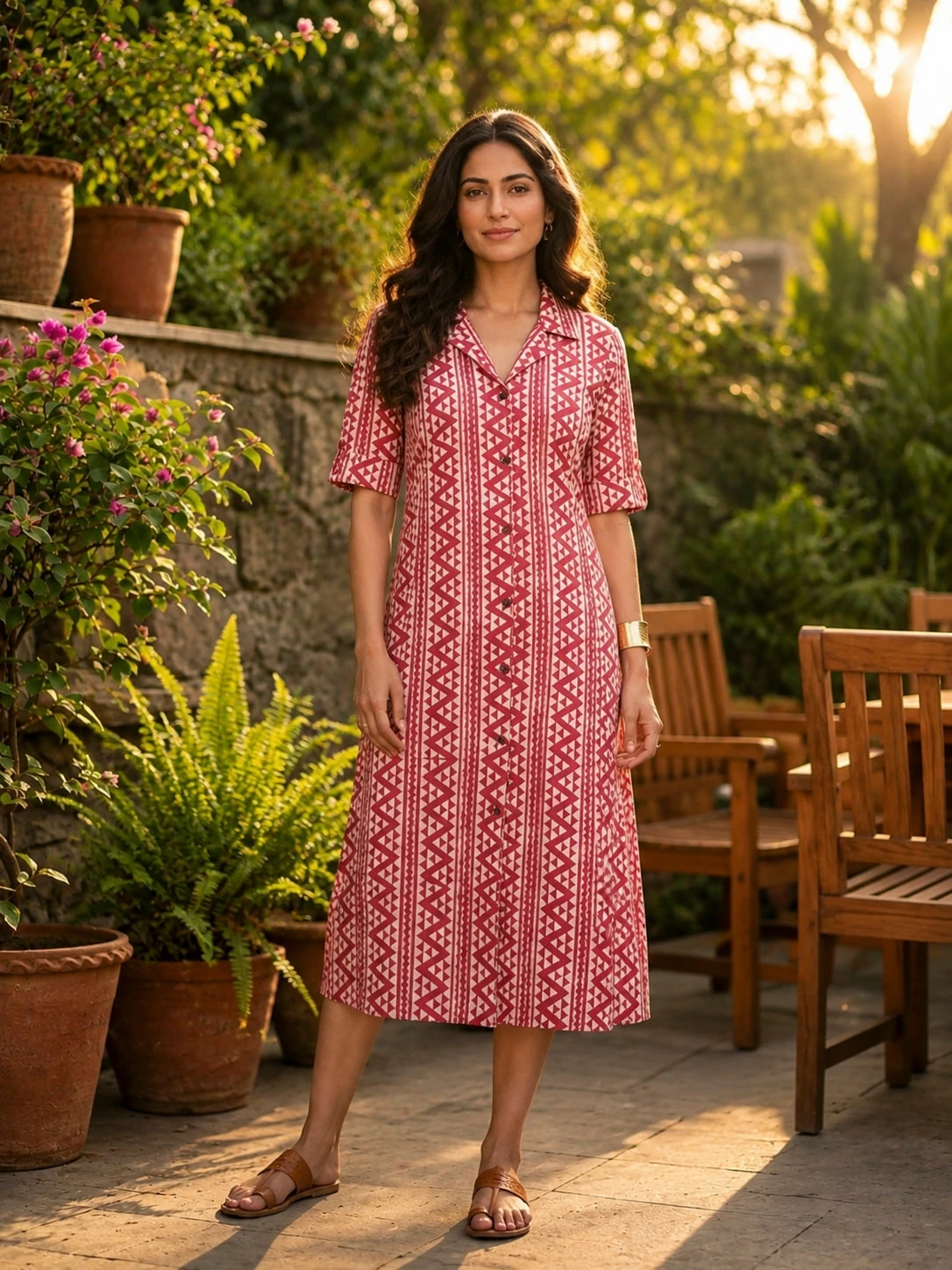 Bansari Women's rED & White Pure Cotton Printed Shirt Collar Dress