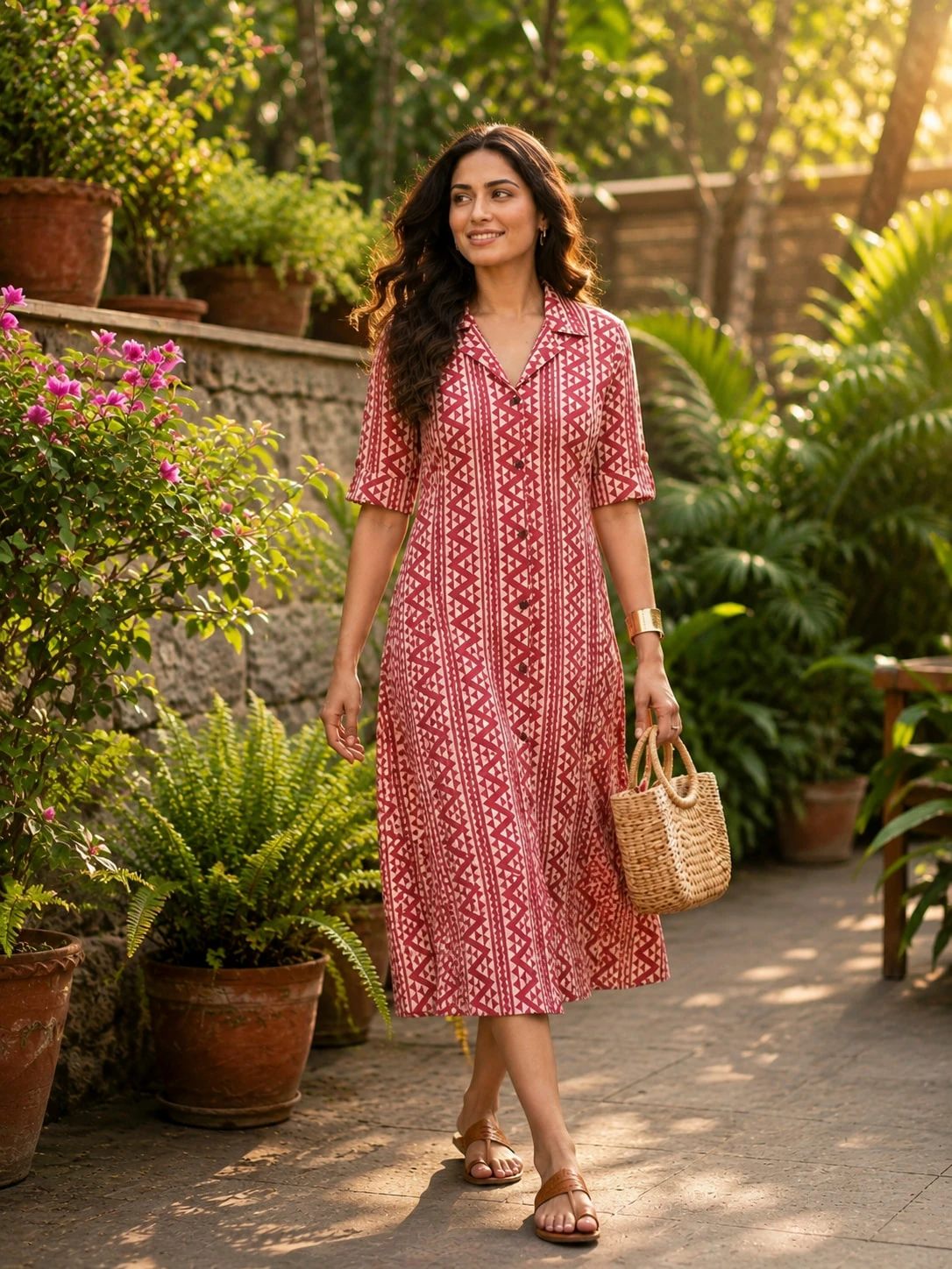 Bansari Women's rED & White Pure Cotton Printed Shirt Collar Dress