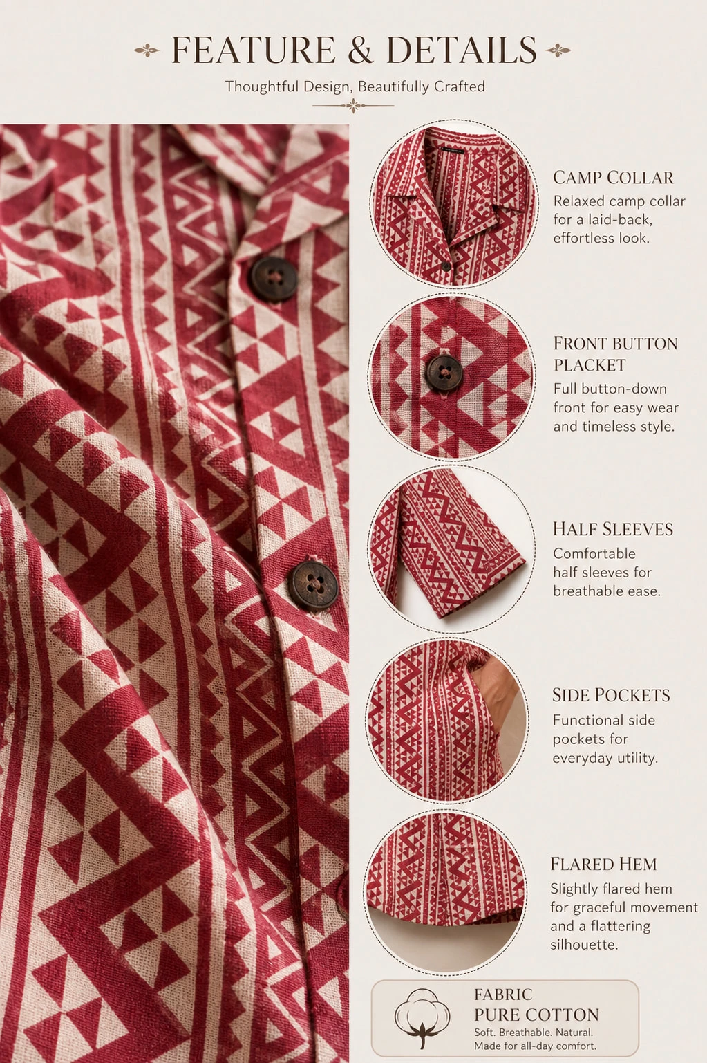Bansari Women's rED & White Pure Cotton Printed Shirt Collar Dress