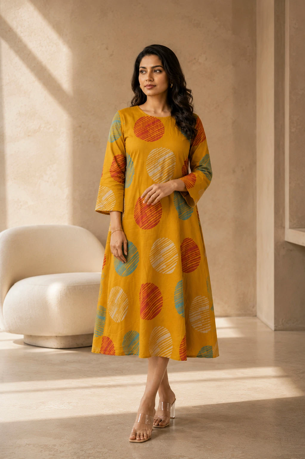 Teal Blue Pure Cotton Printed Gathered A-Line Dress