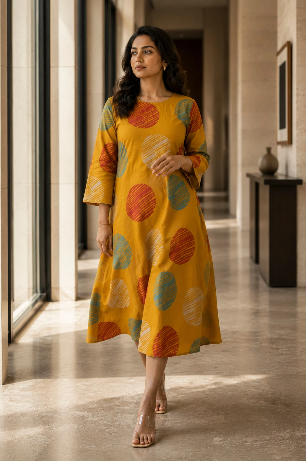 Bansari Women's Teal Blue Pure Cotton Printed Gathered A-Line Dress