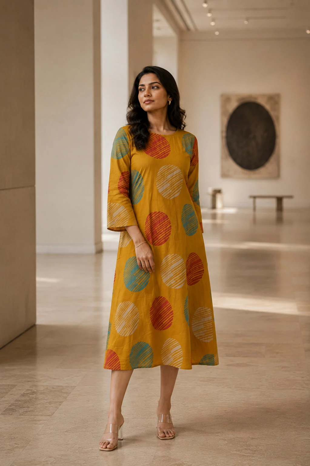 Bansari Women's Teal Blue Pure Cotton Printed Gathered A-Line Dress